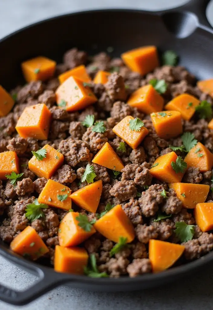 30 Ground Beef Skillet Recipes That Are Weeknight Winners - 9. Beef and Sweet Potato Skillet