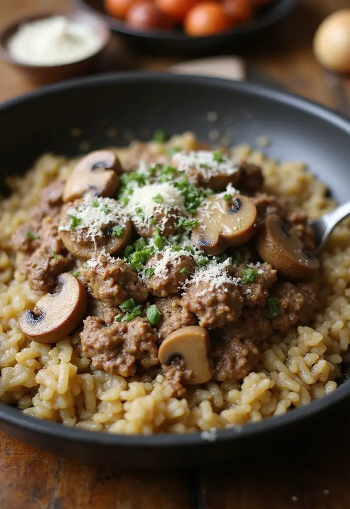30 Ground Meat Skillet Recipes That Make Busy Nights Easy - 17. Ground Beef and Mushroom Risotto