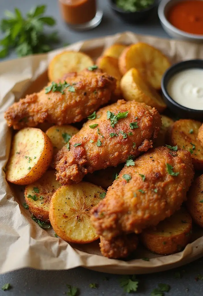 32 Crispy Chicken Innovations That Reinvent Dinner Classics - 28. Crispy Chicken & Potato Wedges