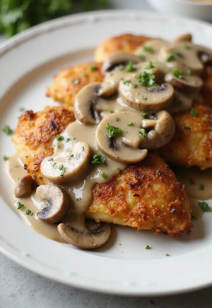 32 Crispy Chicken Innovations That Reinvent Dinner Classics - 29. Crispy Chicken & Creamy Mushroom Sauce