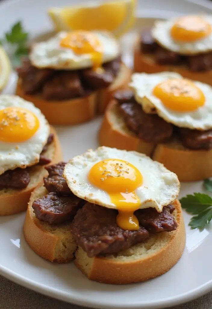 32 Trendy Steak Crostini Recipes to Impress Any Crowd - 14. Steak and Egg Breakfast Crostini