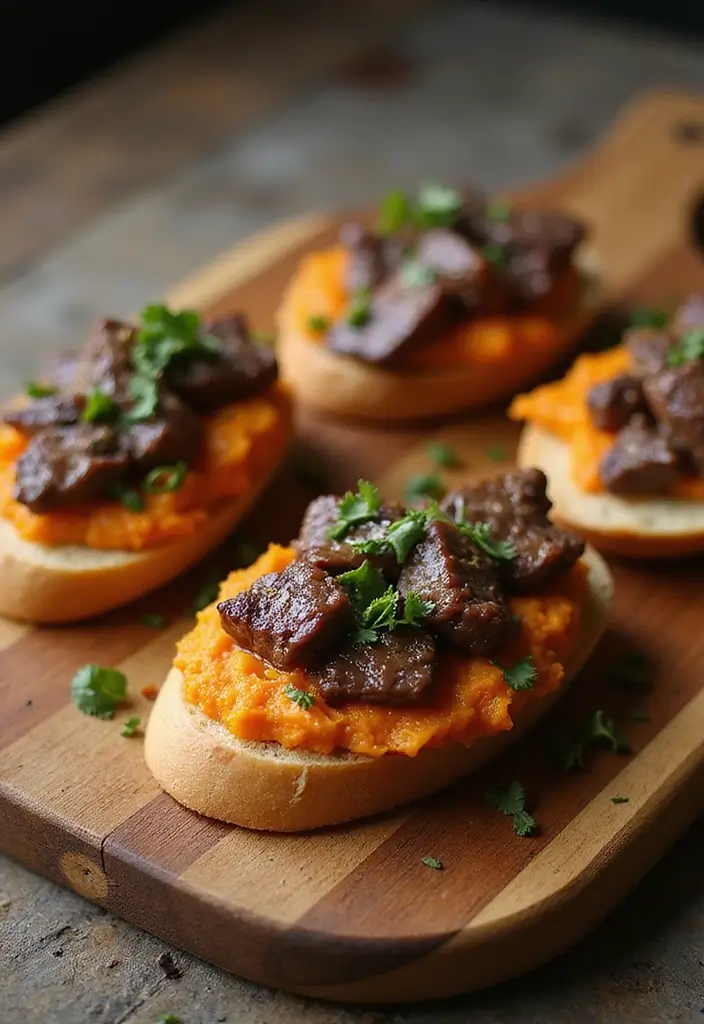 32 Trendy Steak Crostini Recipes to Impress Any Crowd - 16. Steak and Sweet Potato Mash Crostini