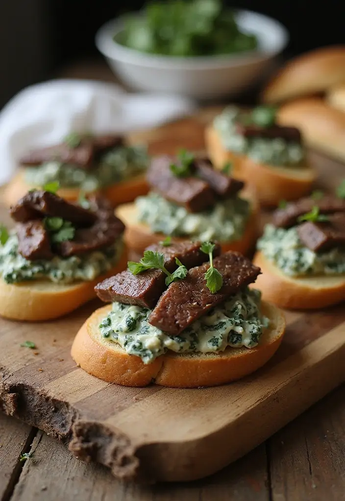32 Trendy Steak Crostini Recipes to Impress Any Crowd - 32. Steak and Creamy Spinach Dip Crostini