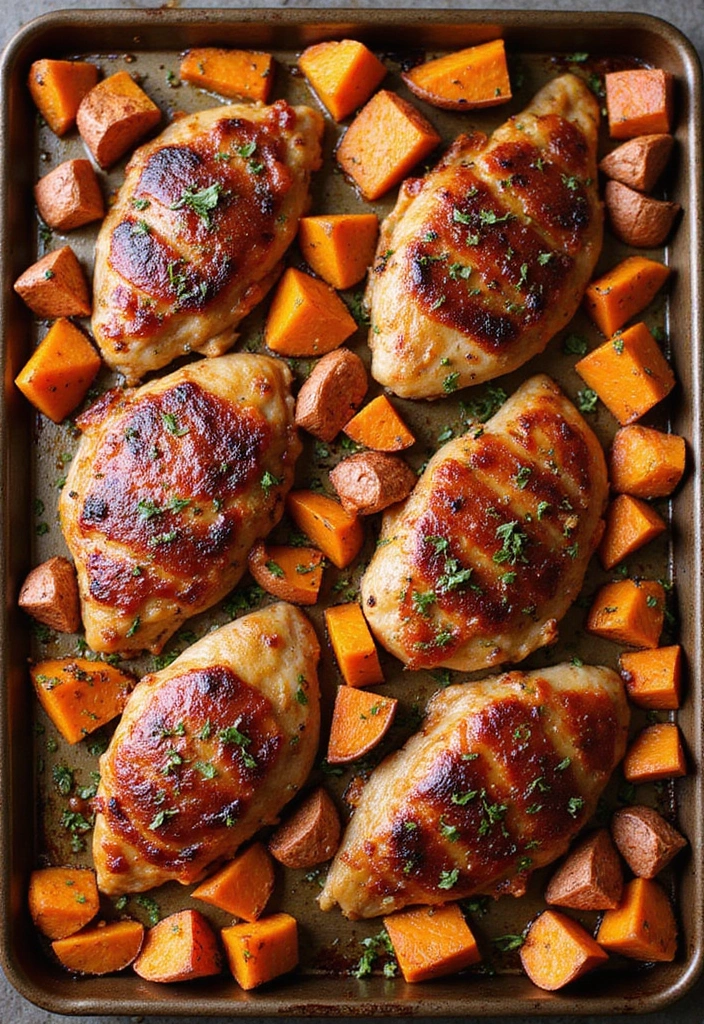 33 Meat-Based Sheet Pan Recipes That Save Dinner - 4. BBQ Chicken and Sweet Potatoes