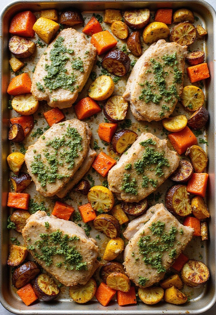 33 Meat-Based Sheet Pan Recipes That Save Dinner - 5. Pesto Pork Chops with Roasted Vegetables