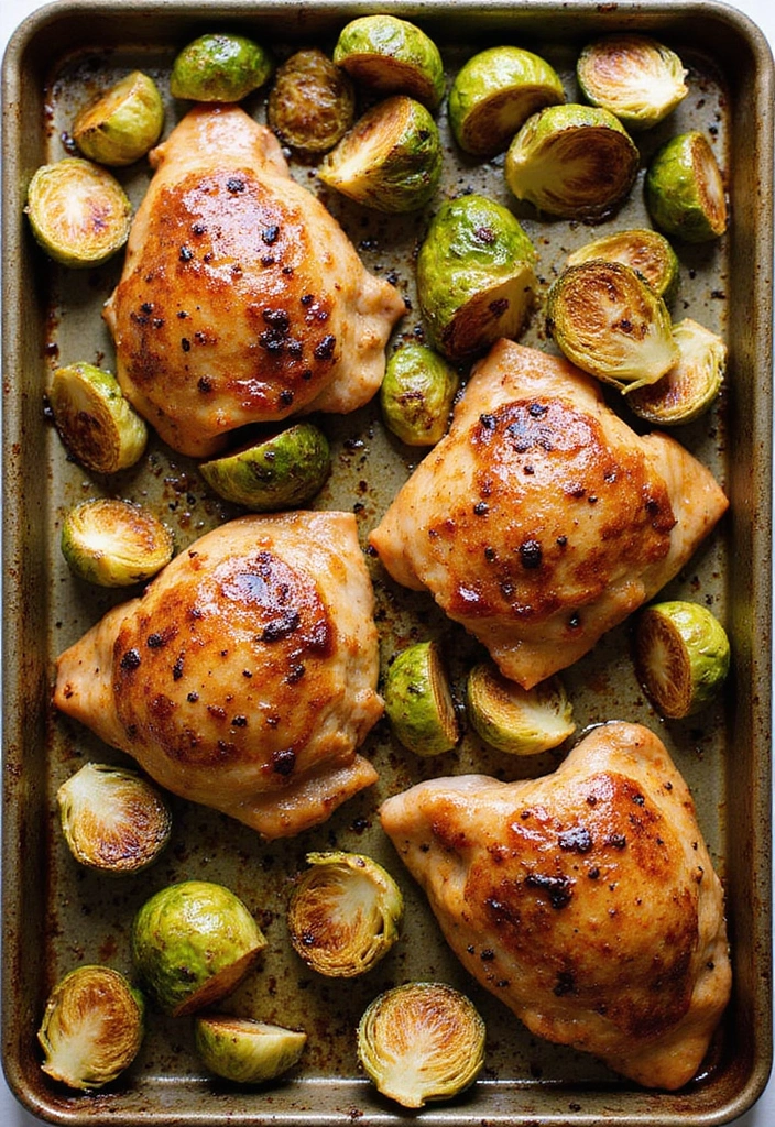 33 Meat-Based Sheet Pan Recipes That Save Dinner - 9. Balsamic Chicken with Roasted Brussels Sprouts